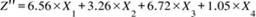 Title: Z apostrophe apostrophe equals 6.56 cross times X subscript 1 plus 3.26 cross times X subscript 2 plus 6.72 cross times X subscript 3 plus 1.05 cross times X subscript 4 - Description: {"mathml":"<math style=\"font-family:Times New Roman;font-size:16px;\" xmlns=\"http://www.w3.org/1998/Math/MathML\"><mstyle mathsize=\"16px\"><mi>Z</mi><mo>'</mo><mo>'</mo><mo>=</mo><mn>6</mn><mo>.</mo><mn>56</mn><mo>×</mo><msub><mi>X</mi><mn>1</mn></msub><mo>+</mo><mn>3</mn><mo>.</mo><mn>26</mn><mo>×</mo><msub><mi>X</mi><mn>2</mn></msub><mo>+</mo><mn>6</mn><mo>.</mo><mn>72</mn><mo>×</mo><msub><mi>X</mi><mn>3</mn></msub><mo>+</mo><mn>1</mn><mo>.</mo><mn>05</mn><mo>×</mo><msub><mi>X</mi><mn>4</mn></msub></mstyle></math>","origin":"MathType for Microsoft Add-in"}