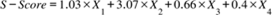 Title: S minus S c o r e equals 1.03 cross times X subscript 1 plus 3.07 cross times X subscript 2 plus 0.66 cross times X subscript 3 plus 0.4 cross times X subscript 4 - Description: {"mathml":"<math style=\"font-family:Times New Roman;font-size:16px;\" xmlns=\"http://www.w3.org/1998/Math/MathML\"><mstyle mathsize=\"16px\"><mi>S</mi><mo>-</mo><mi>S</mi><mi>c</mi><mi>o</mi><mi>r</mi><mi>e</mi><mo>=</mo><mn>1</mn><mo>.</mo><mn>03</mn><mo>×</mo><msub><mi>X</mi><mn>1</mn></msub><mo>+</mo><mn>3</mn><mo>.</mo><mn>07</mn><mo>×</mo><msub><mi>X</mi><mn>2</mn></msub><mo>+</mo><mn>0</mn><mo>.</mo><mn>66</mn><mo>×</mo><msub><mi>X</mi><mn>3</mn></msub><mo>+</mo><mn>0</mn><mo>.</mo><mn>4</mn><mo>×</mo><msub><mi>X</mi><mn>4</mn></msub></mstyle></math>","origin":"MathType for Microsoft Add-in"}